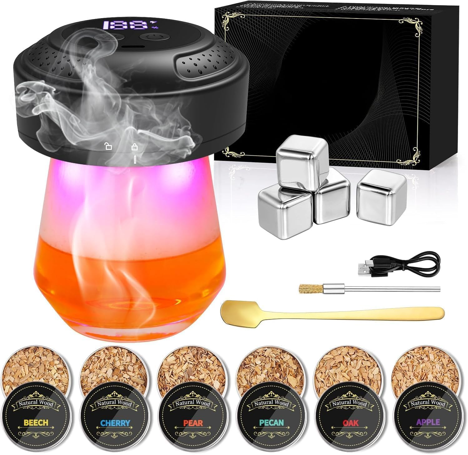 Electric Whiskey Smoker Kit, Kobuer Old Fashioned Smoker Kit, Built-In Lighter & Ambient Light, 4 Reusable Ice Cubes 6 Flavors Wood Chips, Gifts for Men Dad Husband Whiskey Lovers (Birthday/Christmas) image number 3