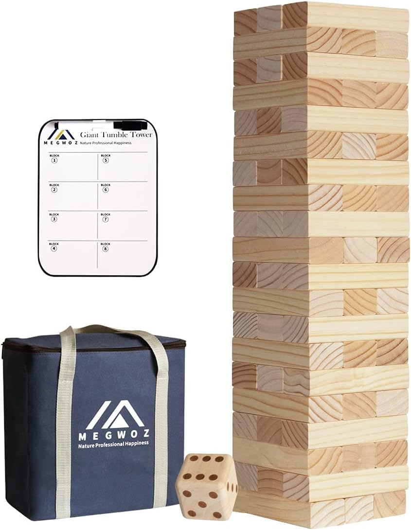 Megwoz Giant Tumble Tower, Stacking Backyard Game with 1 Dice|Scoreboard| Carrying Bag, Premium Pine Wooden Block Game Set for Kids Adult Family- 48 Pieces (1.5Ft to over 3.5Ft ) image number 2