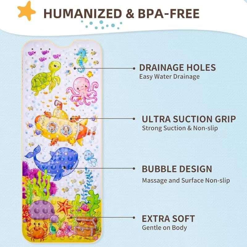 Baby Bath Mat with Suction Cup Drain Holes, 40X16 in Kids Bathtub Mat, anti Slip Toddler Shower Mat Machine Washable Bath Tub Shower Mat Colourful image number 6