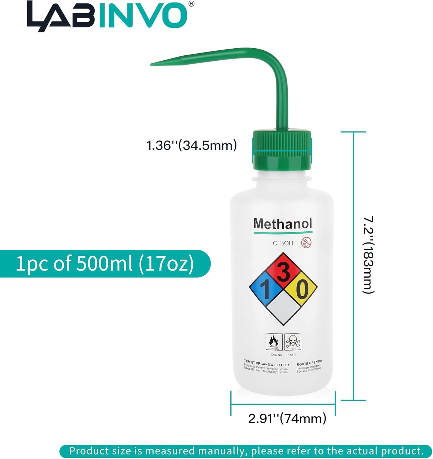 LABINVO Self-Venting Safety Wash Bottles(Methanol), Pack of 1, with Chemical Name,.Vol.500Ml,Ldpe Material,Cap in Green Color.In-Wbm501 - Distilled Water Wash Bottles,1Pc image number 7
