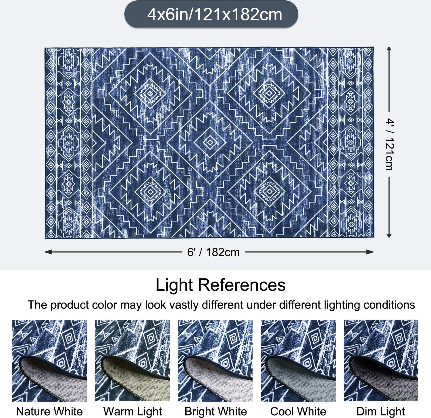 MOSISO 4X6 Area Rug for Living Room, Washable Area Rug, Soft Geometric Rhombus Low Pile Indoor Floor Carpet, Faux Wool Rectangular Non Slip Carpet for Living Room Bedroom Dining Home Office, Blue image number 4