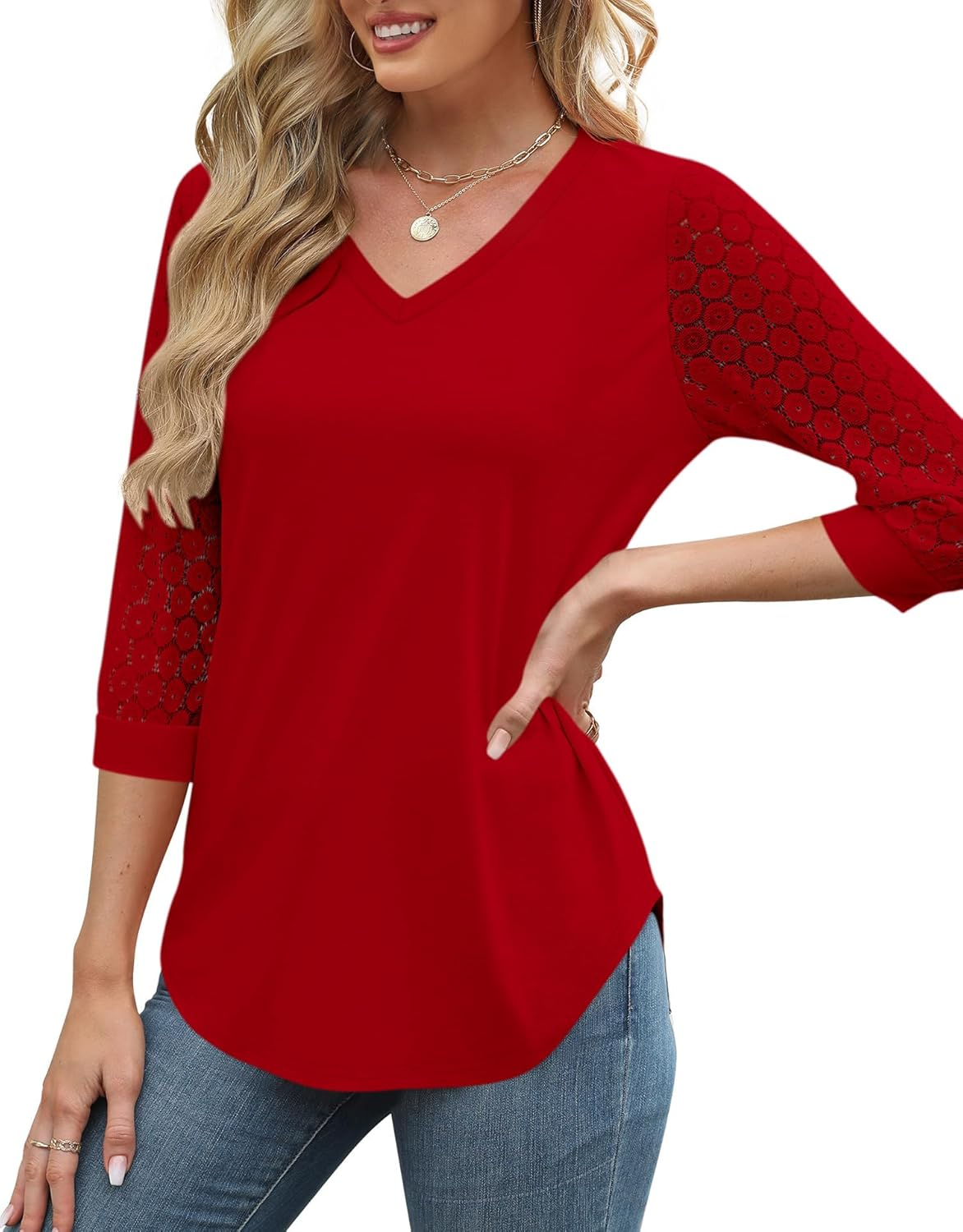 Cicy Bell Women'S Blouses V-Neck 3/4 Lace Sleeve Tops for Business & Casual Wear image number 2
