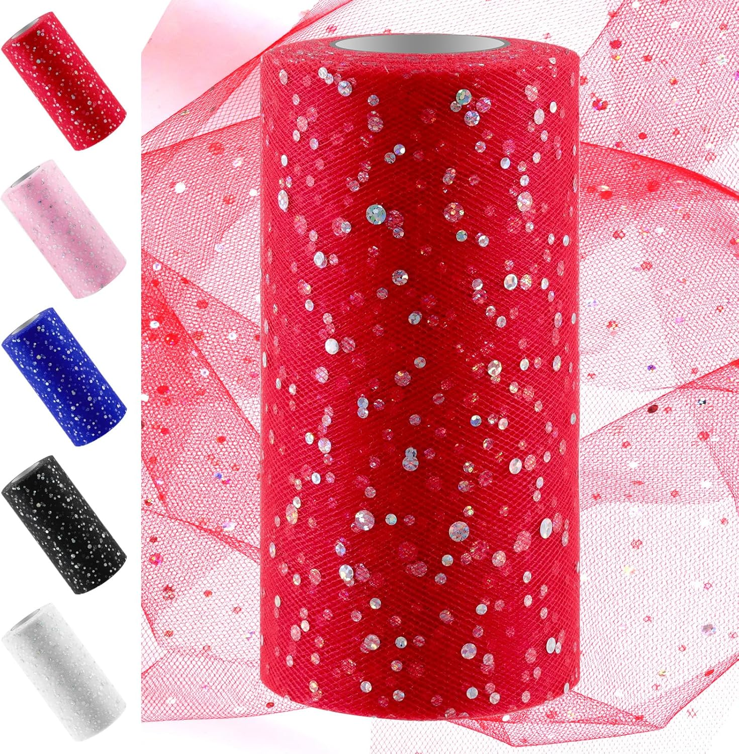 Swpeet 6 Inch by 50 Yards White Glitter Tulle Fabric Roll, Fabric Spool Sparkling Tulle Ribbon, Netting Polyester Spool for DIY Birthday Party Wedding Decorations Christmas Craft Supplies