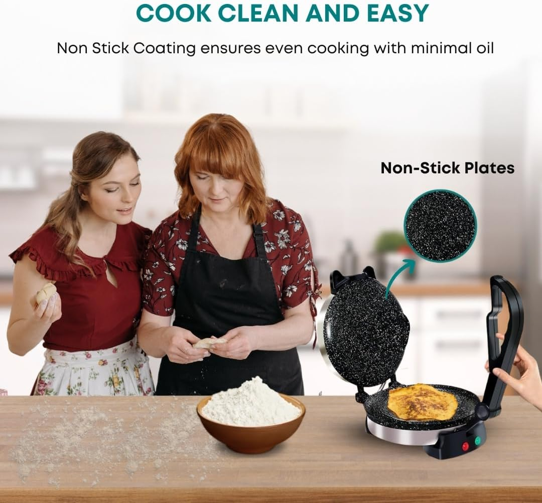 Libra Roti Maker Machine - Electric Tortilla Press with Non-Stick 215 Mm Plates and Durable Handle, Auto Temperature Control Chapati Maker Machine with Indicator Lights with 220 VAC Type I Plug