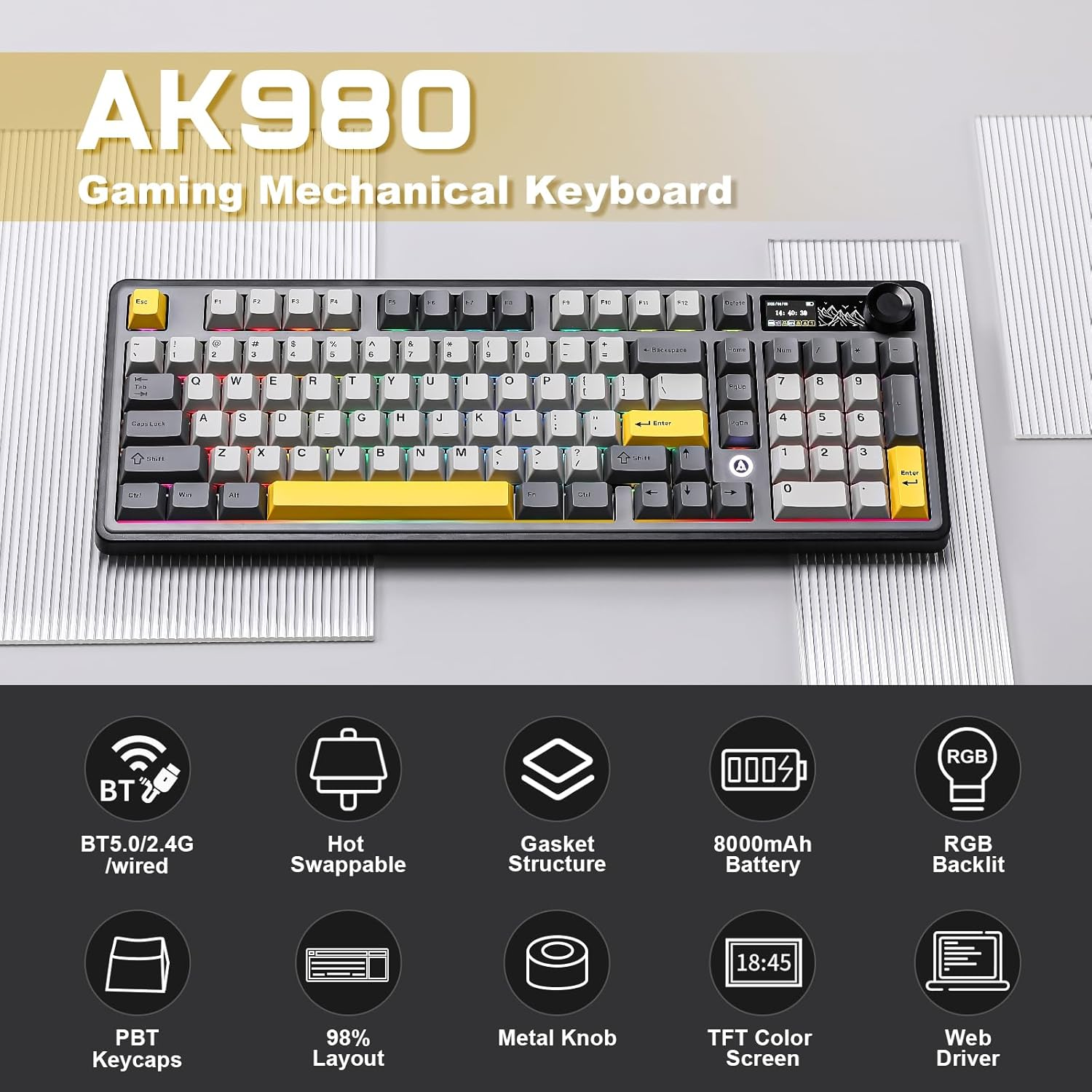 MIKIBY AJAZZ AK980 Wireless Keyboard with Smart Display & Knob,98% Mechanical Keyboard Tri-Mode BT/2.4G/USB-C, Hot Swappable, PBT Keycaps, with RGB Light for Win & Mac(Black,Murad Switch) - Purple image number 2