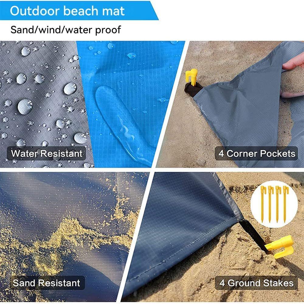 JZS Sand Free Beach Blanket, Oversized Lightweight Waterproof Large Picnic Mat with Storage for Travel Camping Hiking Picnic with 4 Corner Pockets(Blue) image number 6