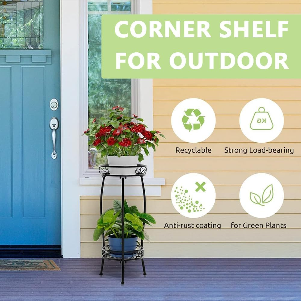 2-Tier Tall Metal Plant Stand &ndash; Indoor Outdoor Heavy Duty Plant Holder Shelf, Rustproof Flower Pot Rack for Corner, Patio, Balcony, Garden, Office (Black)