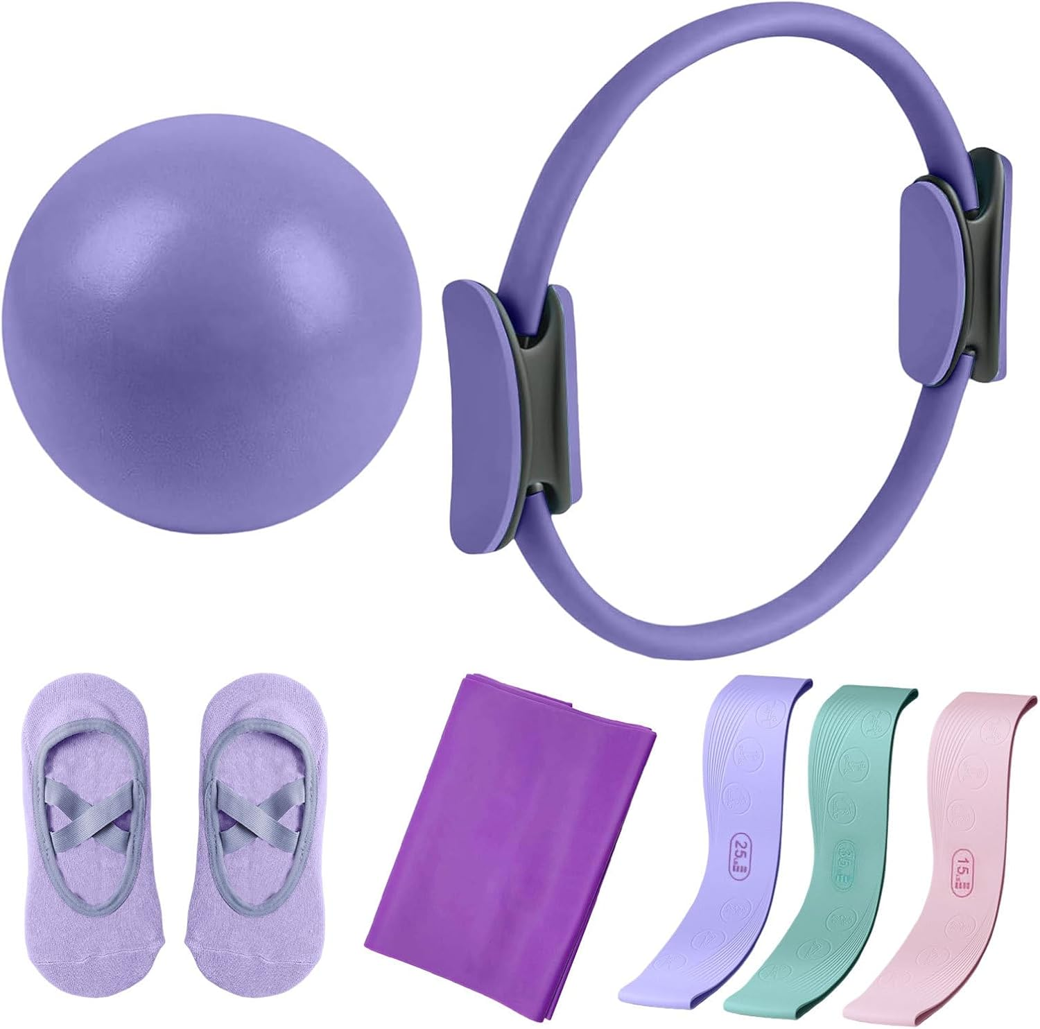 Pilates Essential Kit - Home Pilates Equipment Set with Pilates Ring & Long Resistance Bands & 3 Level Pilates Loop Bands & Soft Pilates Ball & Pilates Grip Socks