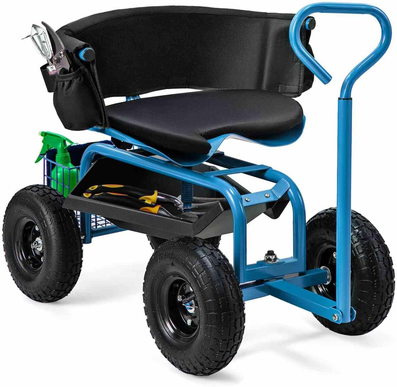 Costway Rolling Garden Cart Scooter, Outdoor Heavy-Duty Gardening Cart W/ 26Cm Tires, Swivel Seat, Extendable Handle, Yard Steerable Tool Cart Scooter W/Tray, Storage Basket, Tool Pouch, Seat Cushion