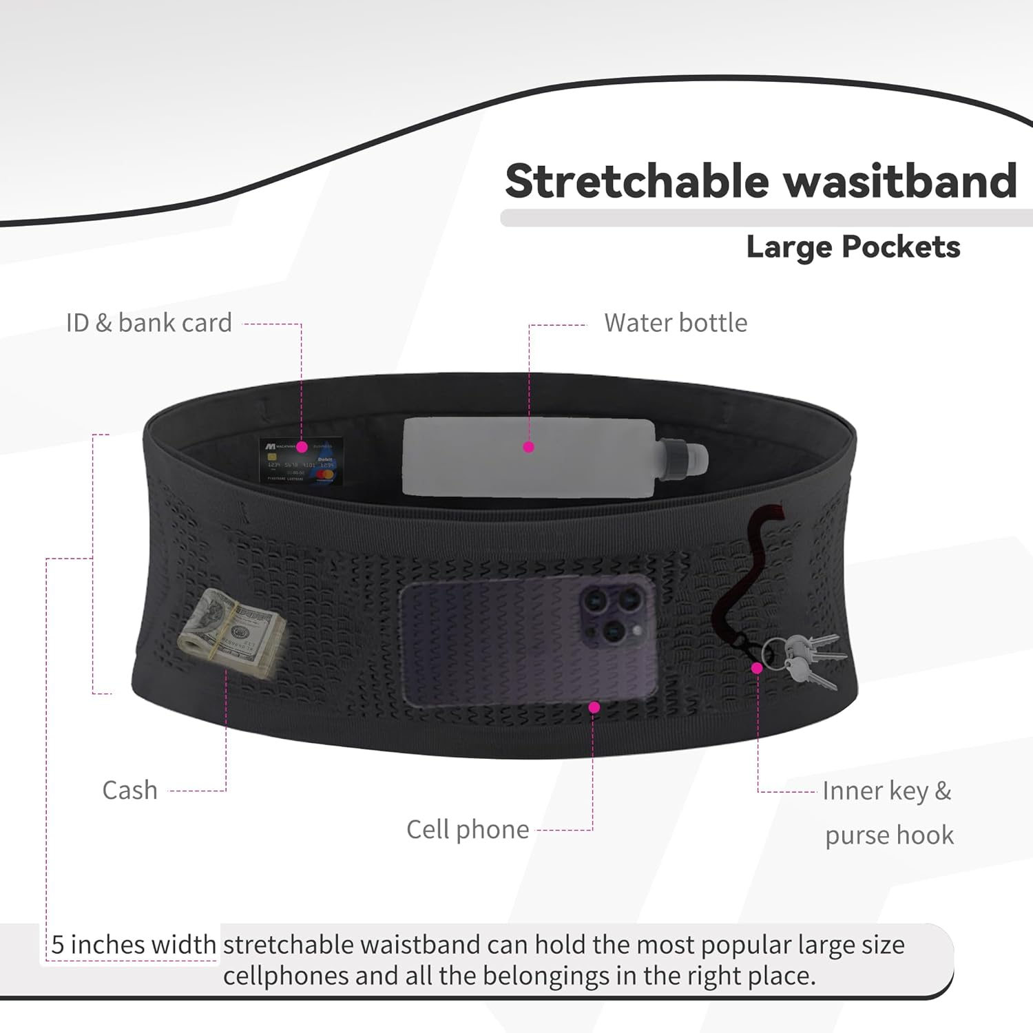 Running Belt, Slim Fanny Pack and Moisture Wicking Wasit Bag for Women and Men, P1-Black, Medium, Belt Fanny Bag image number 4