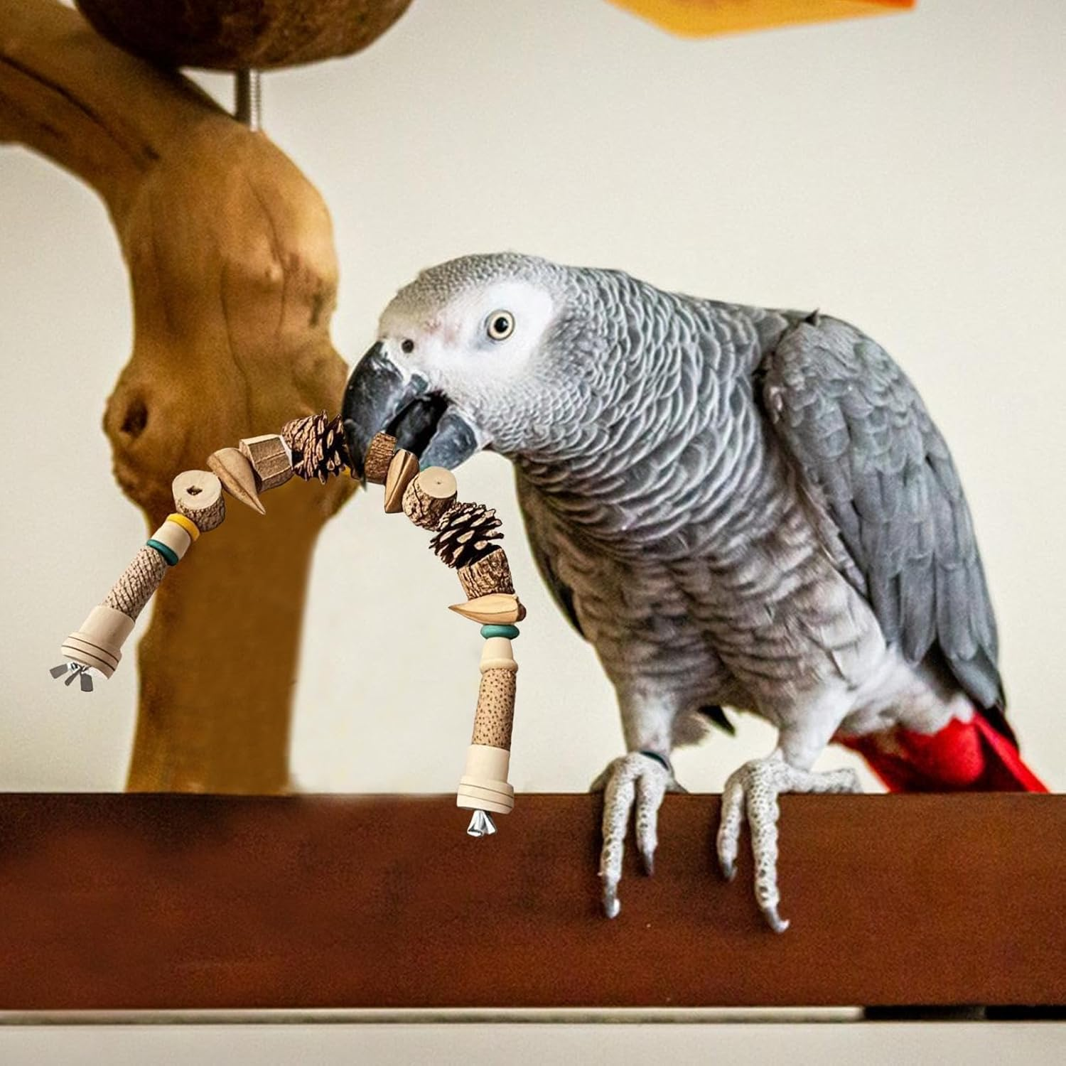Bird Toys for Parrots, Bird Cage Toys Chewing Games, Wooden Pine Cone String, Natural Landscape Decor for Conure, Cockatiel, Macaws, Finches, Cockatoos - A image number 3