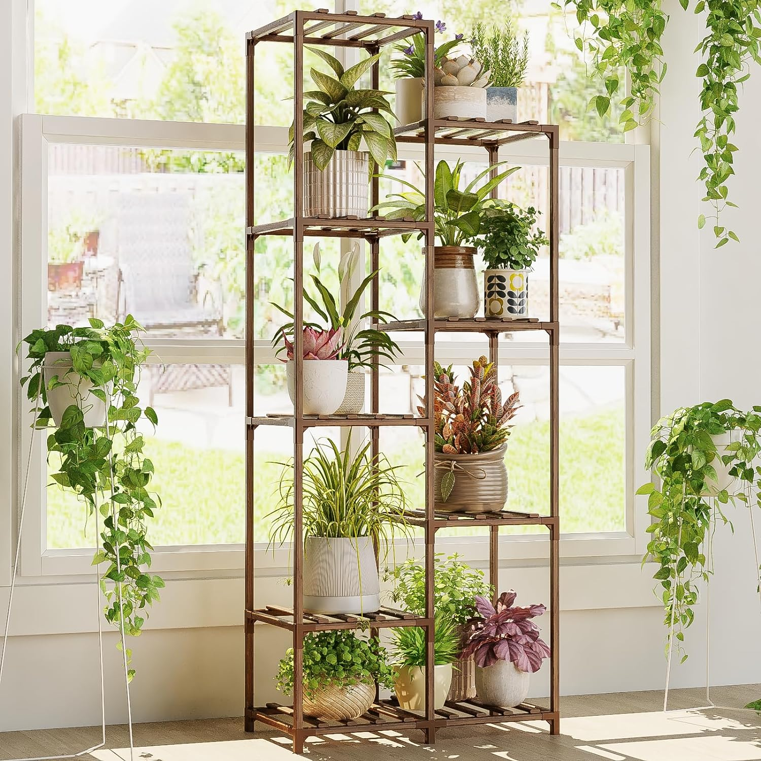Bamworld Plant Stand Indoor Tall Plant Shelf Outdoor Corner Plants Table Wood Flower Stand for Living Room Balcony and Garden (9 Pots) image number 1