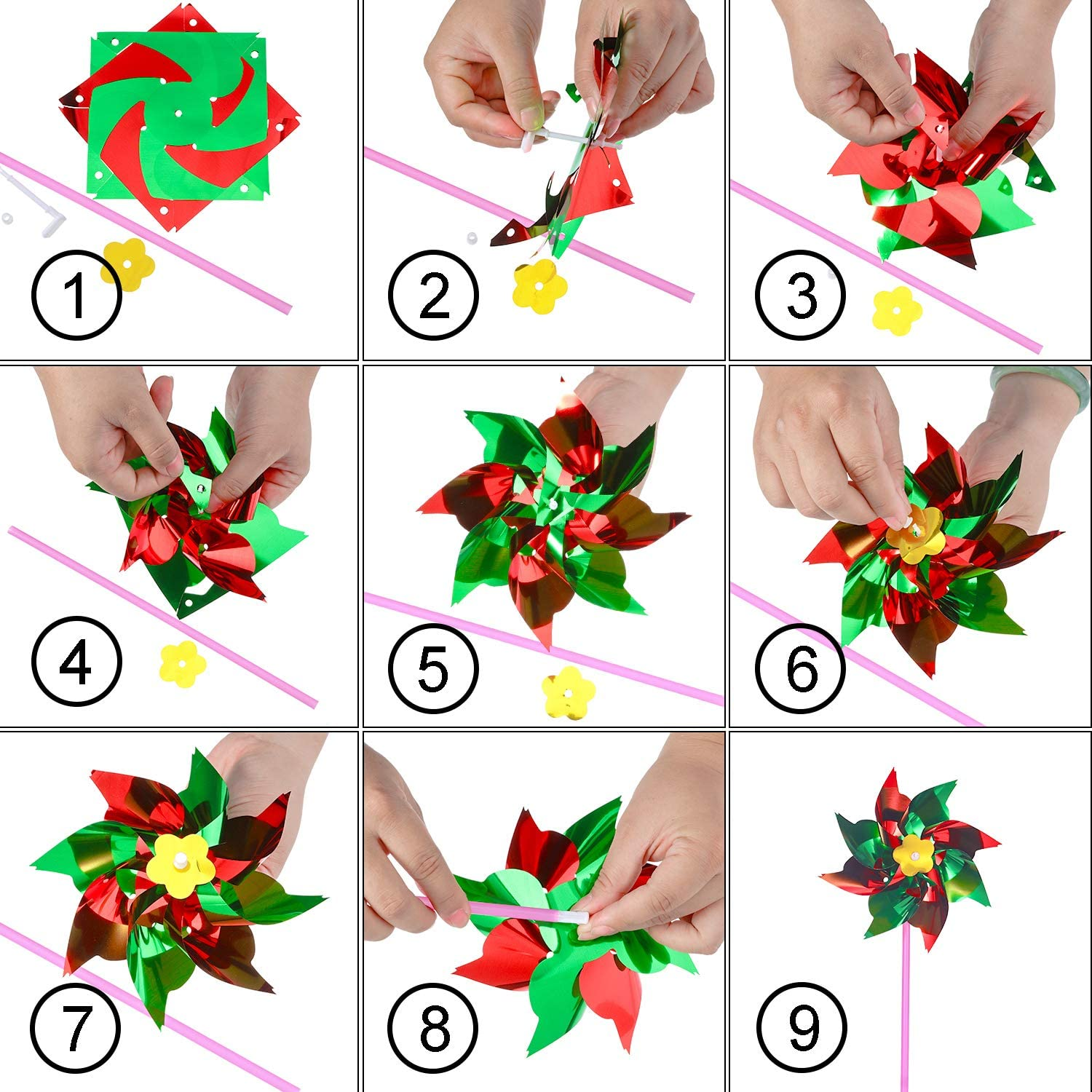 Hestya 50 Pieces Plastic Rainbow Pinwheel, Party Pinwheels DIY Lawn Windmill Set for Kids Toy Garden Party Lawn Decor, Assorted Colour image number 6