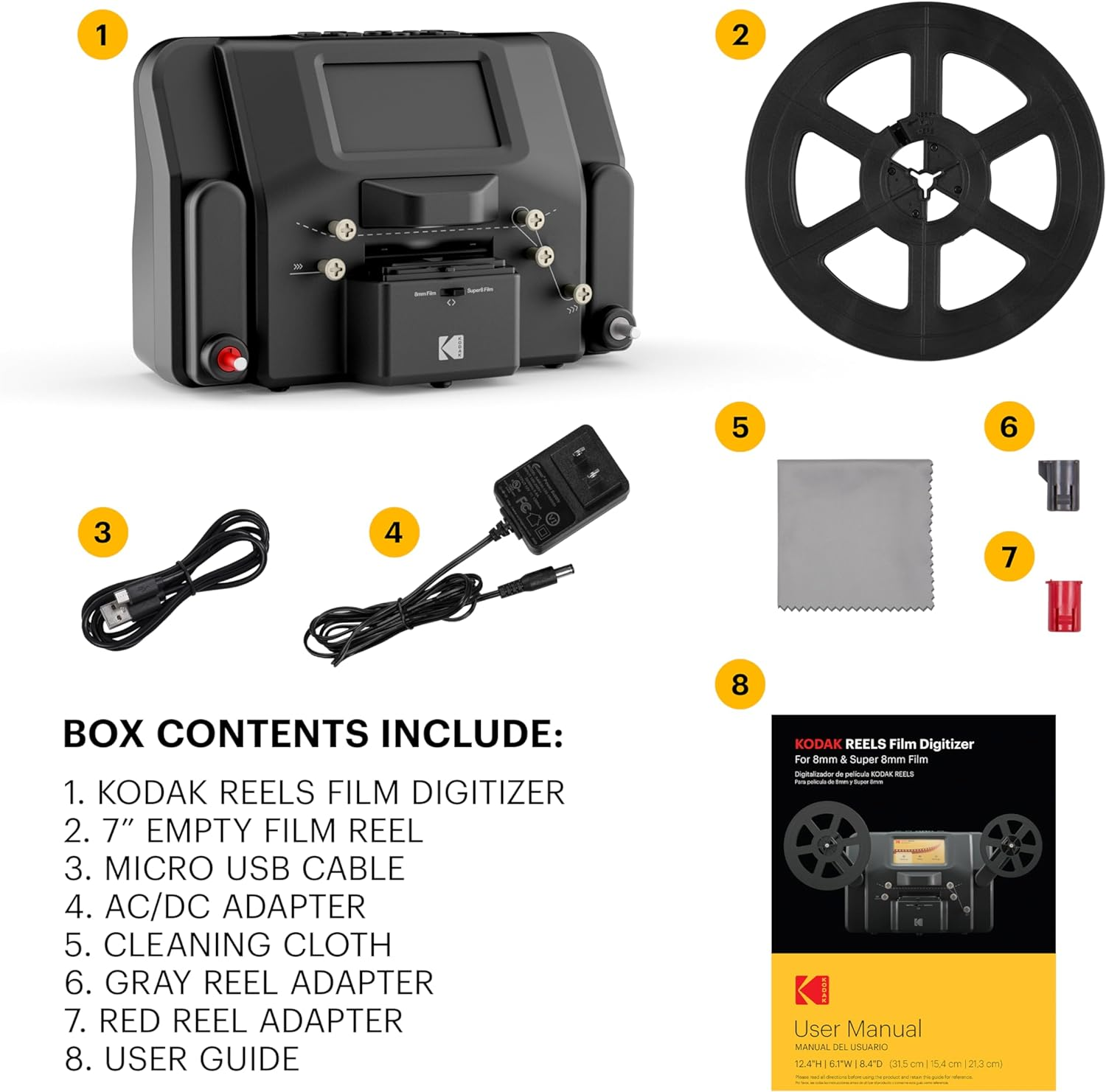 Kodak REELS 8Mm & Super 8 Films Digitizer Converter with Big 5&rdquo; Screen, Scanner Converts Film Frame by Frame to Digital MP4 Files for Viewing, Sharing & Saving on SD Card for 3&rdquo; 4&rdquo; 5&rdquo; 7&rdquo; and 9&rdquo; Reels