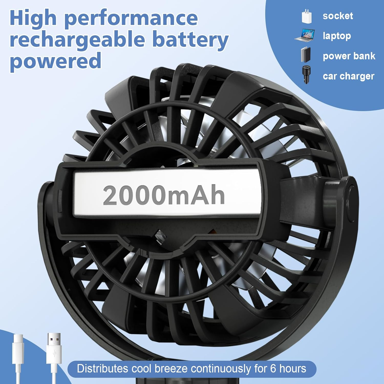 Mini Portable Baby Stroller Fan,3 Speed Personal Handheld Fan,Battery Operated Rechargeable 360&deg; Flexible Tripod Cooling Fan, Suitable for Car Seat Crib Treadmill Golf Cart Travel(Black) - Yellow image number 6