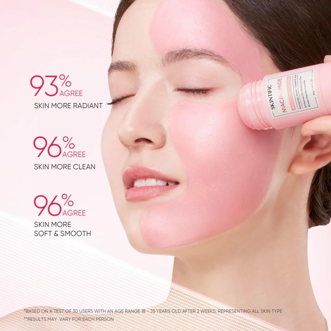 SKINTIFIC Niacinamide Bright Boost Clay Stick with Pink Sea Salt, Arbutin, Tranexamic Acid, 40G, Deep Cleansing, Skin Radiance Enhancement