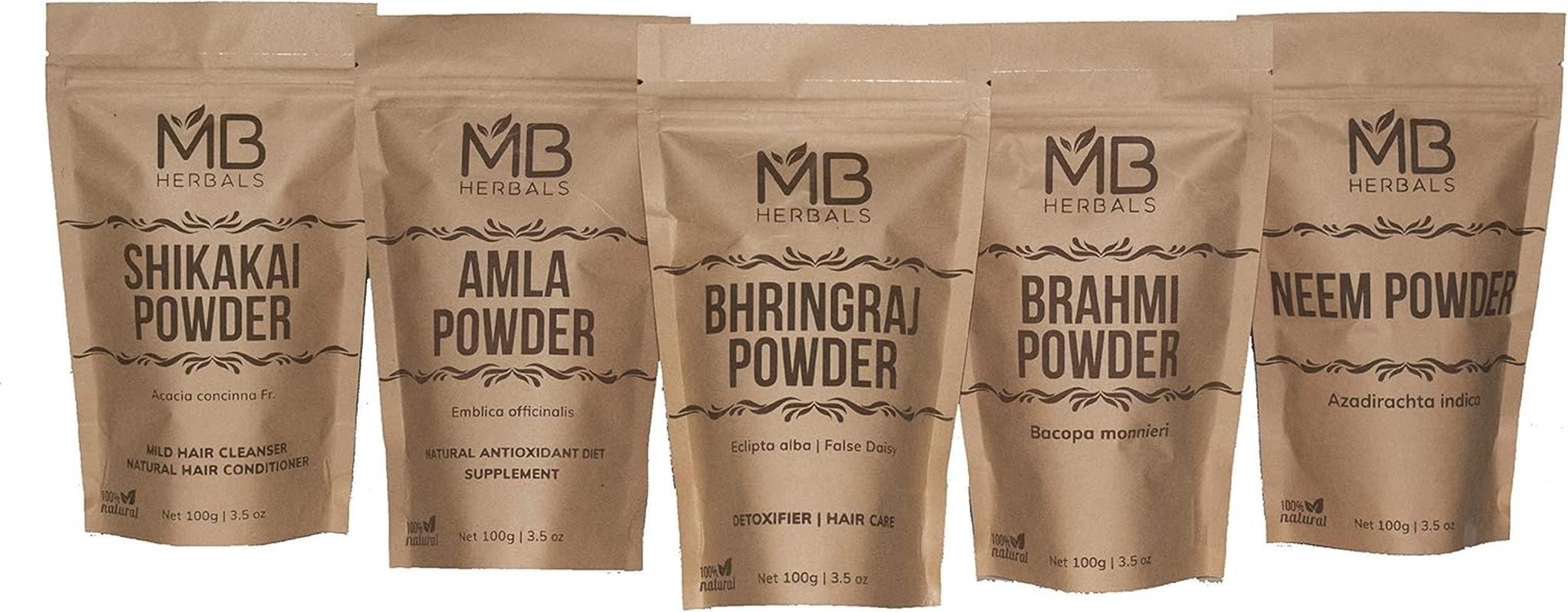 MB Herbals Hair Care COMBO 5 Powders | Shikakai | Neem | Brahmi | Amla | Bhringaraj | Powders | 100 Grams Each