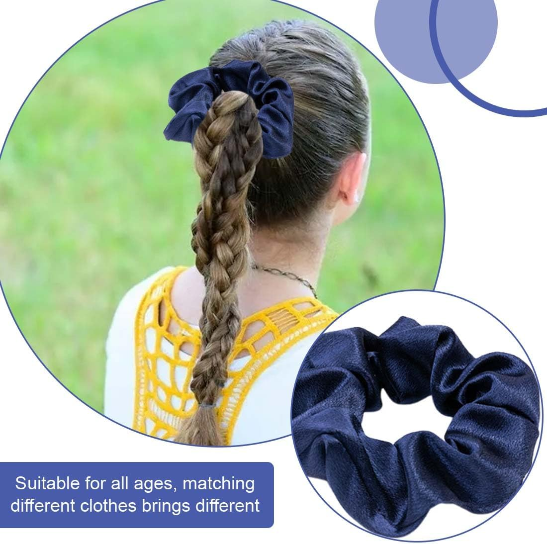 BIRLOZA Pack of 2 Silk Hair Bobbles Women'S Scrunchies Scrunchie Silk Hair Ties Hair Band Satin Hair Rings Elastic Thick Bands for Hair Clip Women Hair Accessories (Dark Blue) image number 3