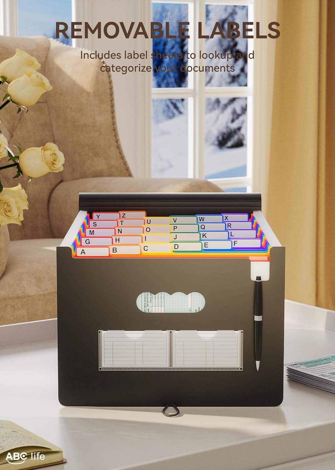 24 Pockets Expanding File Folder with Cover/Accordion File Organizer/A4 Letter Size Portable Expanding Paper Organizer High Capacity Plastic Portable Bag Colored Tab for Business/Office/Filing Box