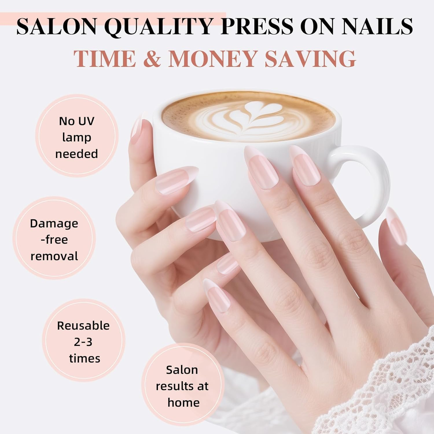 24 Pieces Long Almond French Press on Nails Kit, White Tips, Full Coverage Artificial Nails (French - Almond) image number 3