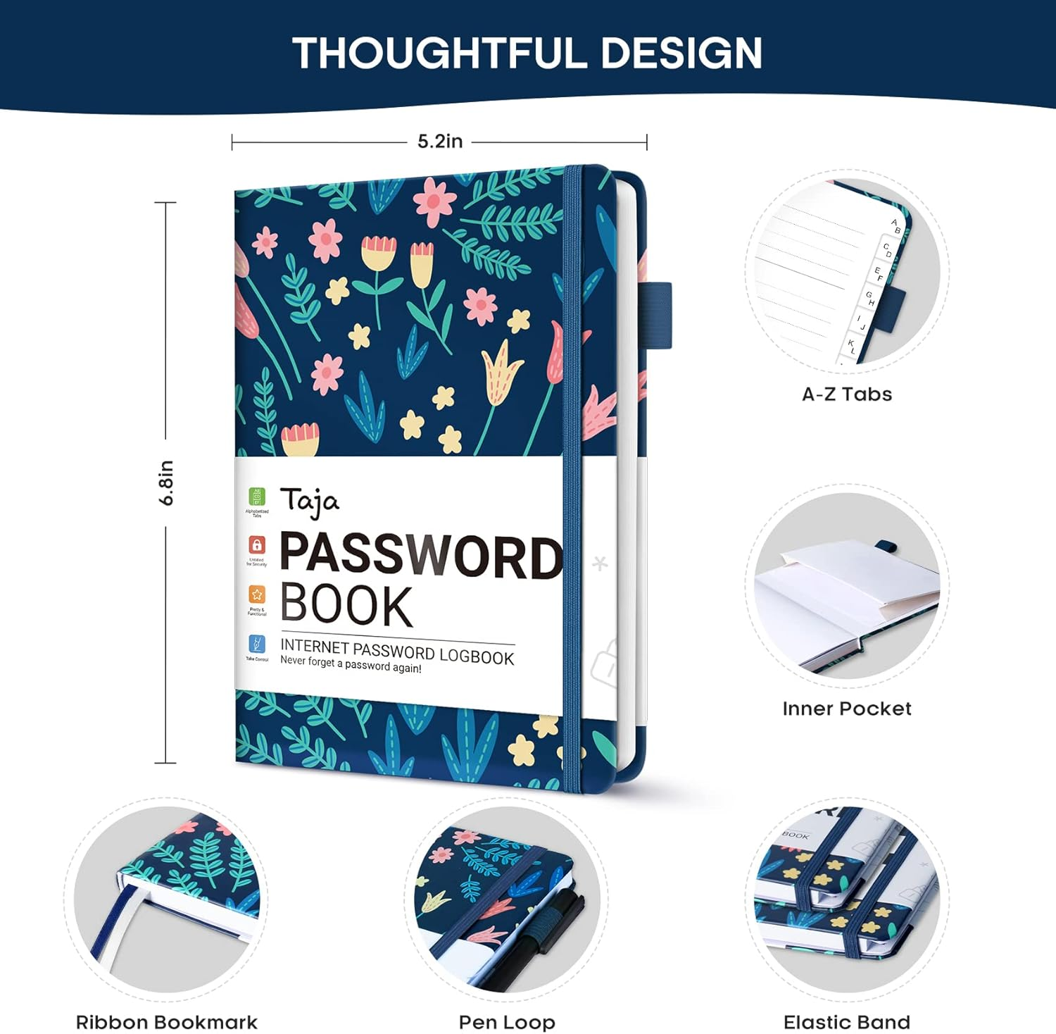 Taja Password Keeper Book with Alphabetical Tabs，Small Password Books for Seniors, Password Notebook for Internet Website Address Log in Detail, Password Logbook to Help You Stay Organized - Flower image number 5