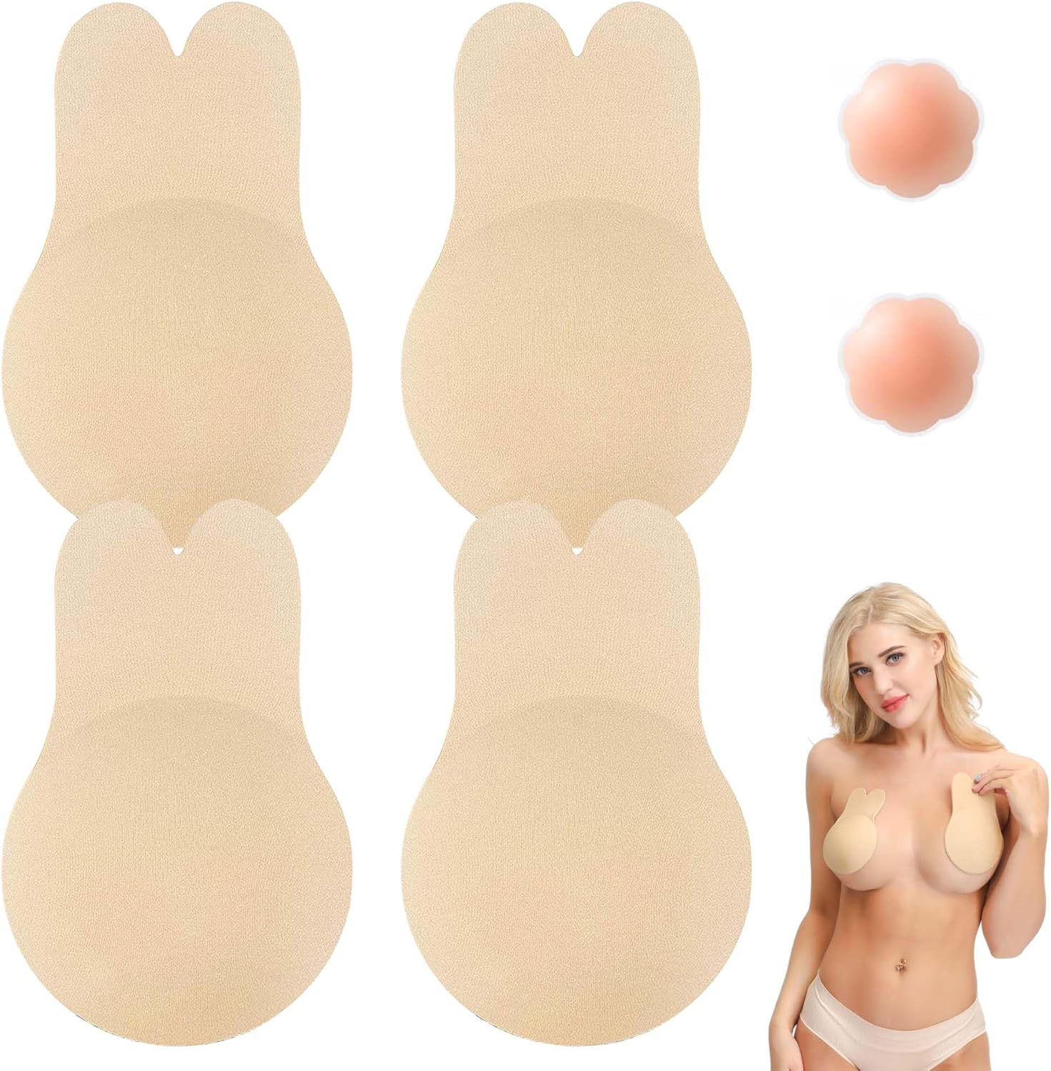 2 Pieces Sticky Bra - Push up Adhesive Backless Strapless Invisible Bra with Nipple Covers Reusable Self-Adhesive Bras