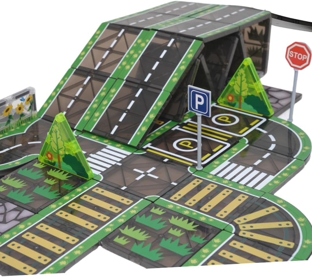 Magnetic Road Tiles Set with Railway and Forests, 76 PCS Magnetic Tiles Road, Magnet Building Blocks Kids Car Toys, Perfect Gifts for Ages 3+ image number 2
