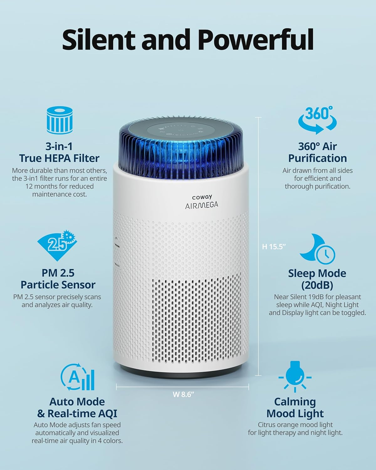 COWAY AIRMEGA 100 Air Purifier (White) - H13 True HEPA Filter for Bushfire Smoke, Allergies, Pollen Dust, Mould, Pet Hair, Dander | 360&deg; Quiet Air Cleaner with Sleep Mode (20Db), Calming Night Light image number 3