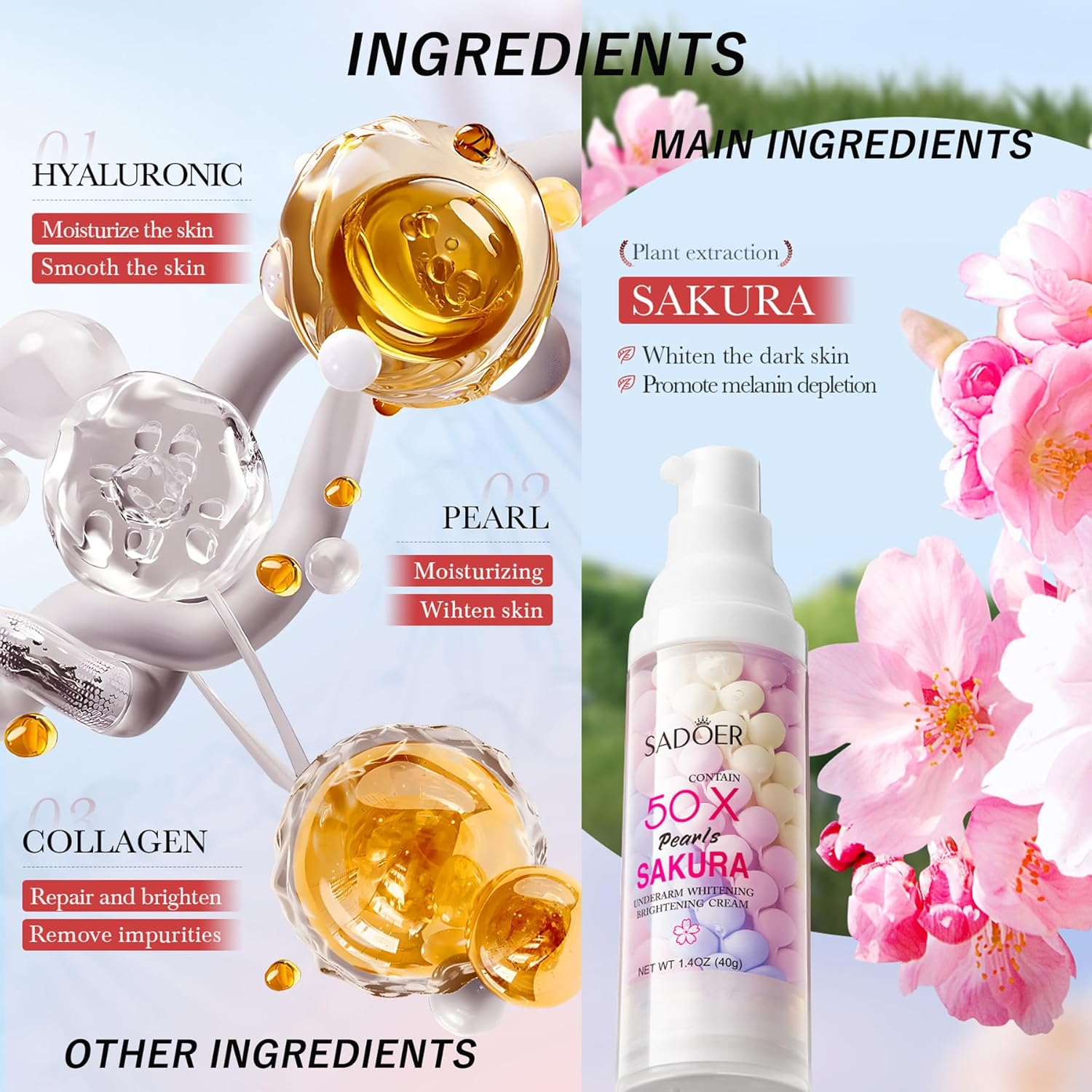 Skin Whitening Cream Gentle Formula Cherry Blossom for Dry Arm Black Spots Body Legs Underarms Bikini Area Skin Whitening Bleach with Smoothness Moisturizng 40G 1.4OZ image number 4