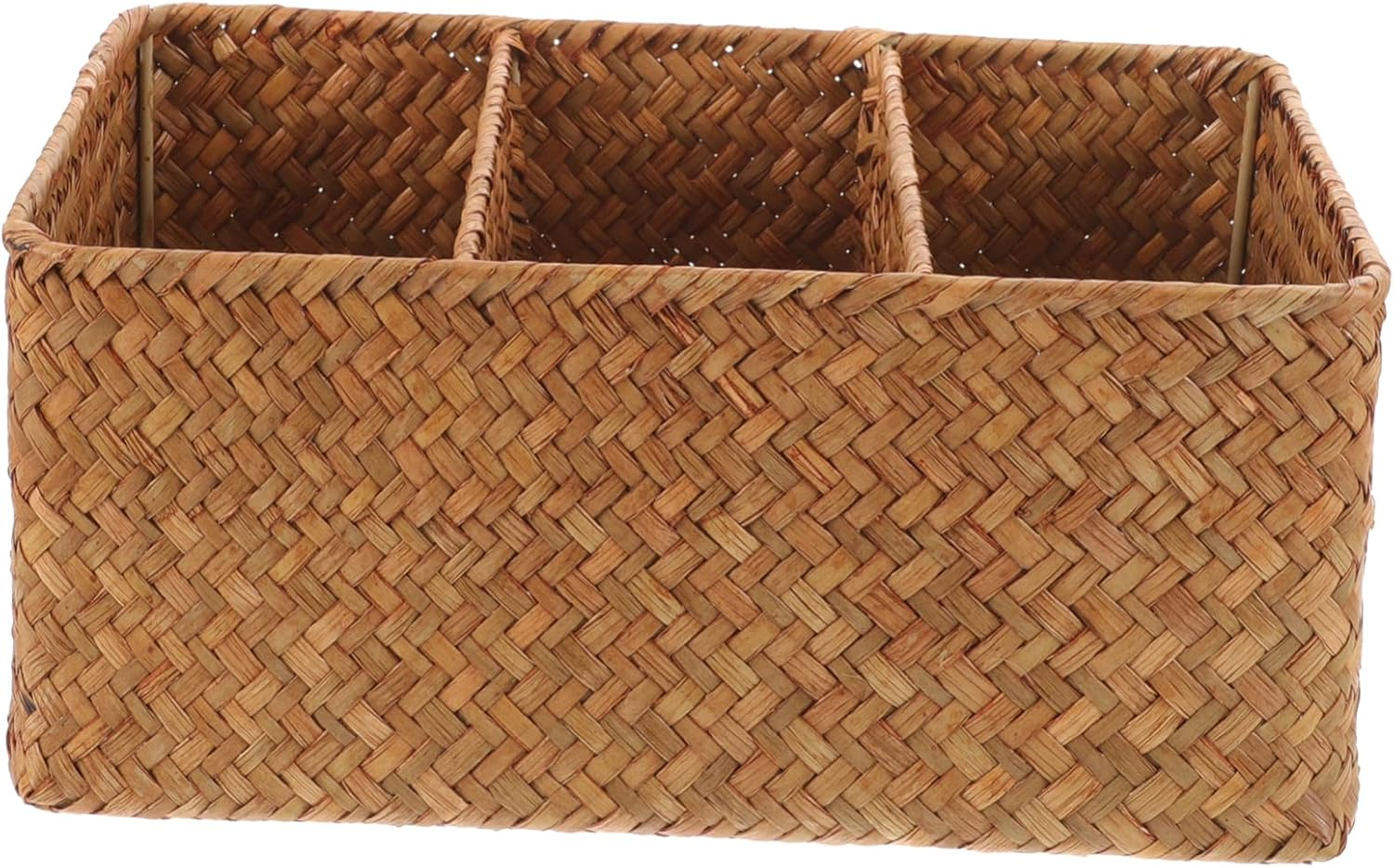 Hohopeti 3-Compartment Straw Woven Storage Basket, 28.5 X 18.5 X 13Cm, Natural Seagrass Organizer for Bathroom and Kitchen Counter, Divided Long Basket for Toiletries and Household Items
