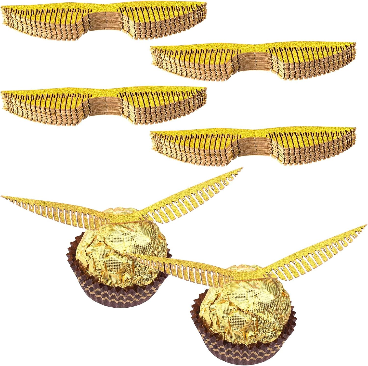 OIIKI 100PCS Wizard Party Chocolate Decoration Golden Hollowed Wings, Gold Angle Wings Candy Decor with Dot Tape DIY Party Crafts Supplies for Cake Birthday Christmas Cupcake image number 2