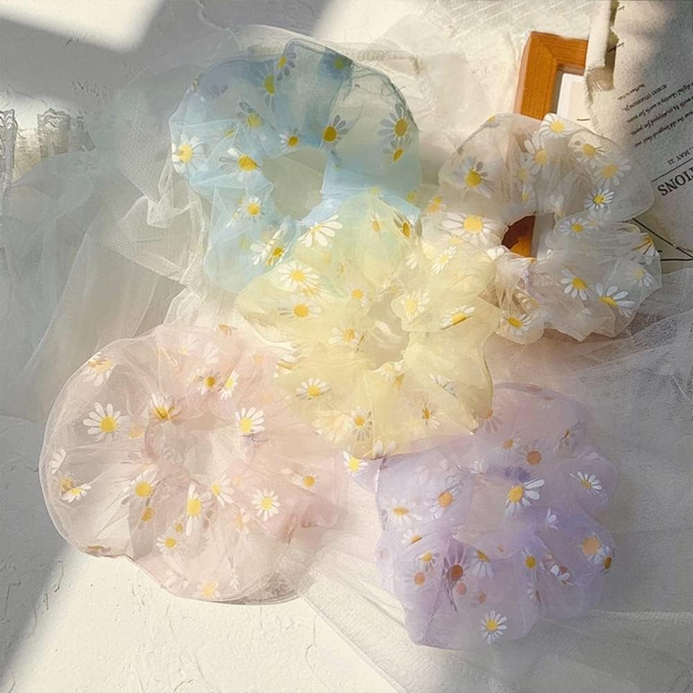 JIHUOO Pack of 8 Daisy Organza Hair Bobbles Flower Hair Scrunchies Elastic Hair Bobbles Hair Bands Hair Accessories for Girls Women image number 4