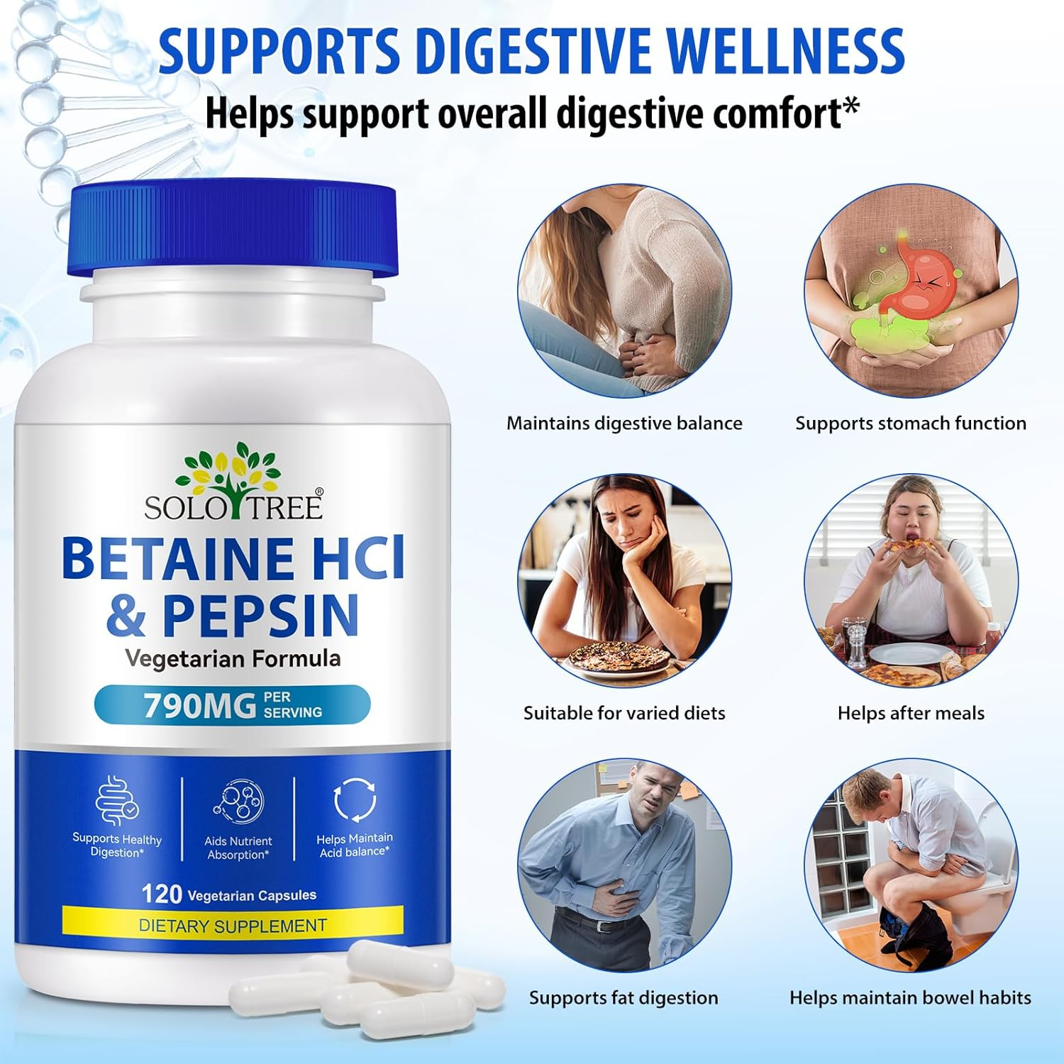 Betaine Hcl with Pepsin | 790Mg per Serving | Plant-Based Acid-Stable Enzyme | Vegetarian Formula | 120 Capsules image number 4