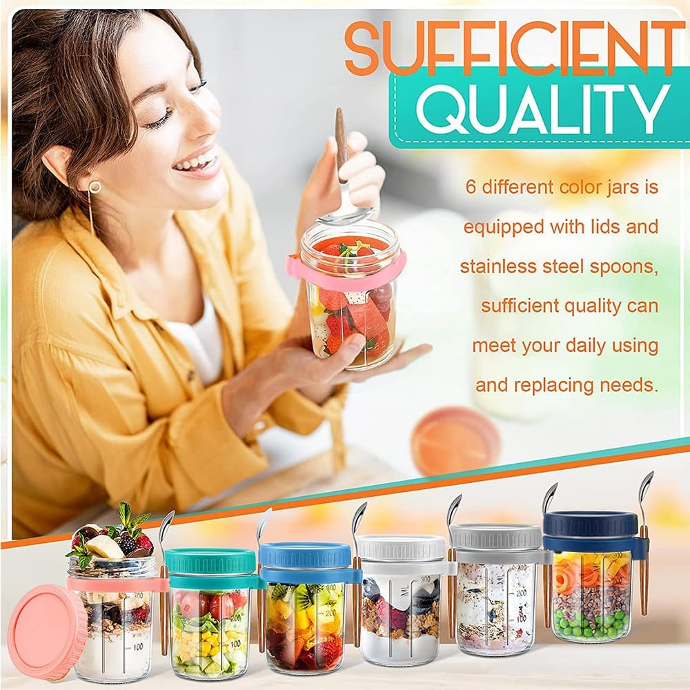 Overnight Oats Container Jars, 12 Oz Glass Airtight Yogurt Oatmeal Jars Set of 6, Overnight Oats Containers with Lids and Spoons, Large Capacity Portable Breakfast Jars Set with Measurement Marks image number 1