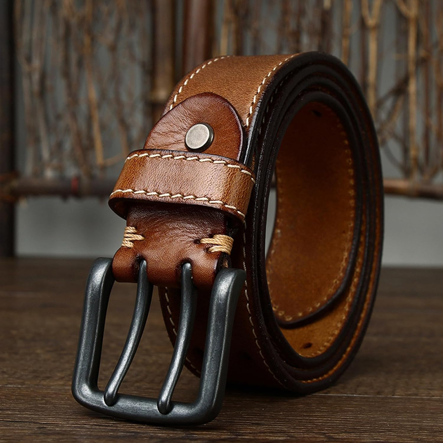 Double Prong Buckle Full Grain Real Cow Leather Belt - Stitched, Work/Casual Grommet Holes, 38Mm for Men Women image number 1