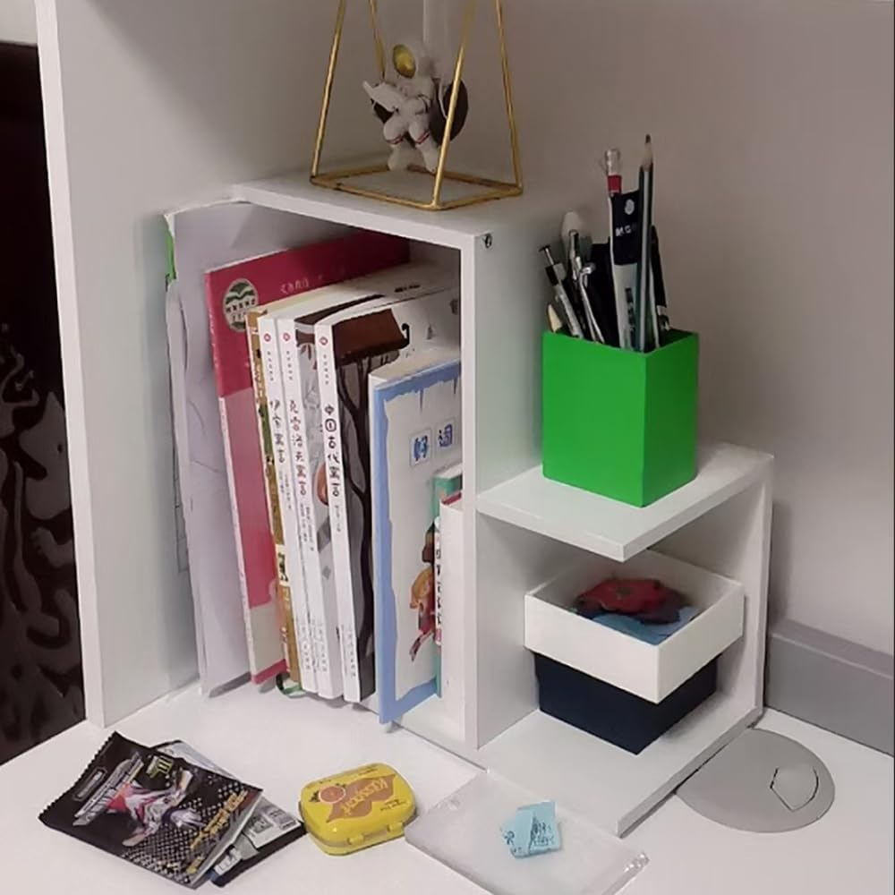 Hbluefat Small Desktop Shelf Organizer, Mini Wood Bookshelf Storage Rack, Multi-Functional Countertop Display Bookcase for Home Office School (White) image number 1