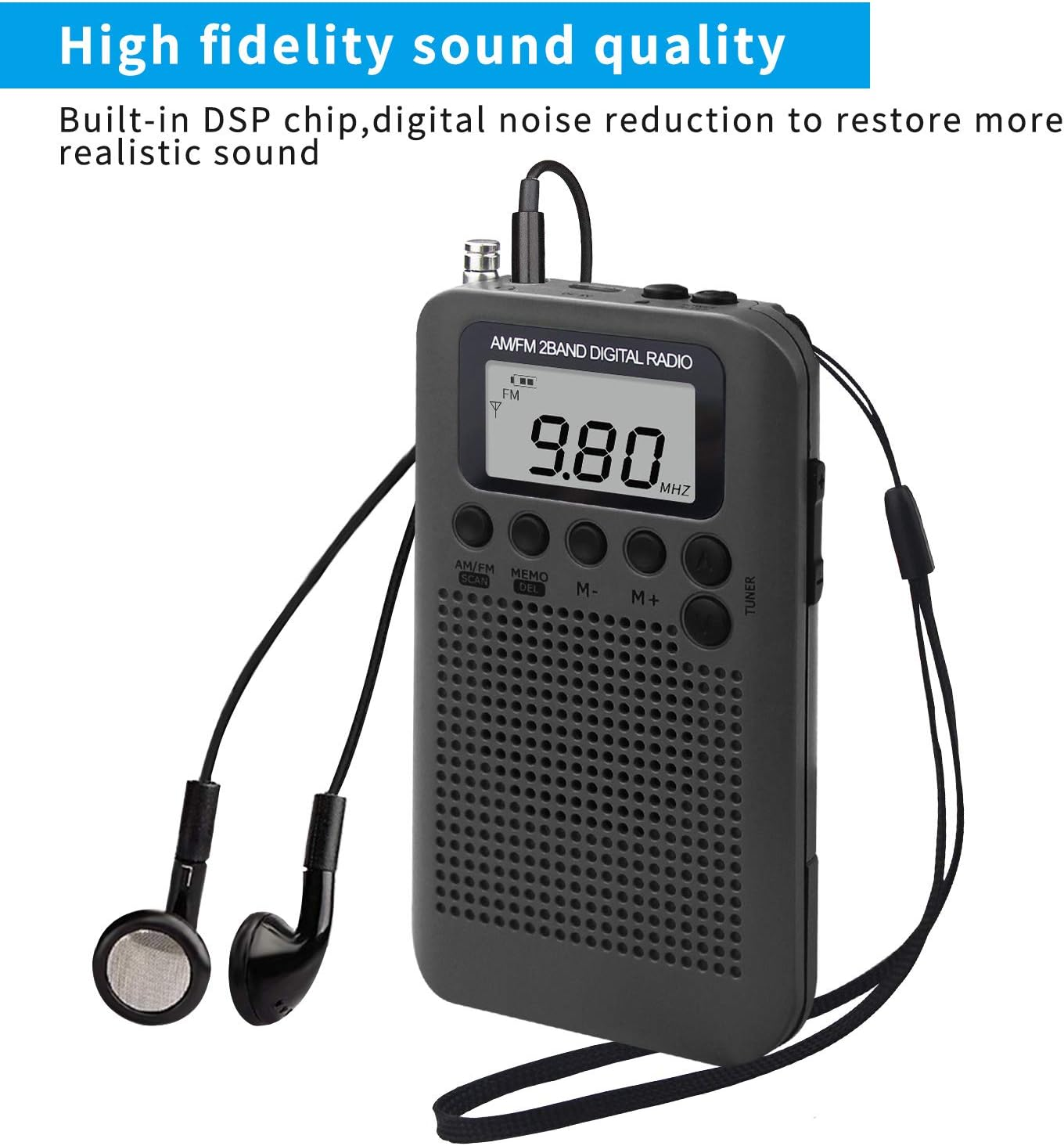 Pocket Portable AM FM Radio Mini Radio Digital Tuning Stereo Personal Radio with Earphone, Alarm Clock and Timer for Walking Running Jogging (Black) - Black image number 2