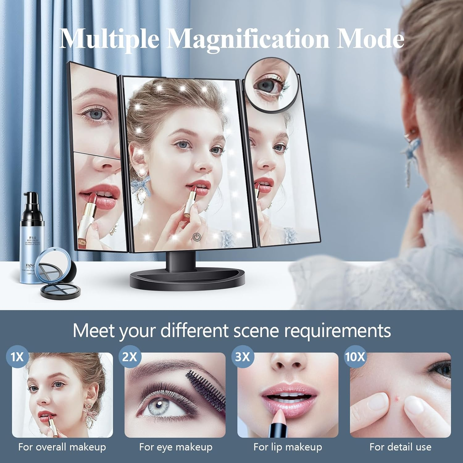 HUONUL Makeup Mirror Vanity with Lights, 2X 3X 10X Magnification, Lighted Mirror, Touch Control, Trifold Dual Power Supply, Portable LED Women Gift (Black) (SM241D-DL) image number 4