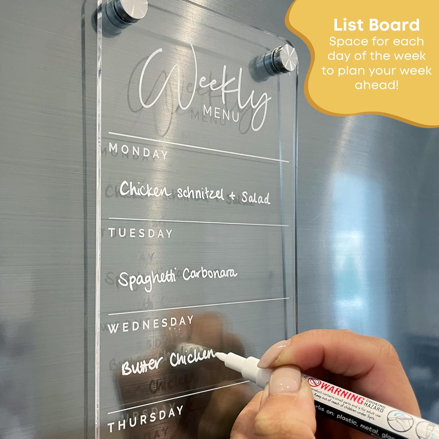 Weekly Menu Fridge Whiteboard Planner &ndash; 30Cm X 10.5Cm Magnetic Acrylic Meal Planner &ndash; Clear Dry Erase List Board for Kitchen &ndash; Includes Chalk Pen & Magnetic Pen Holder
