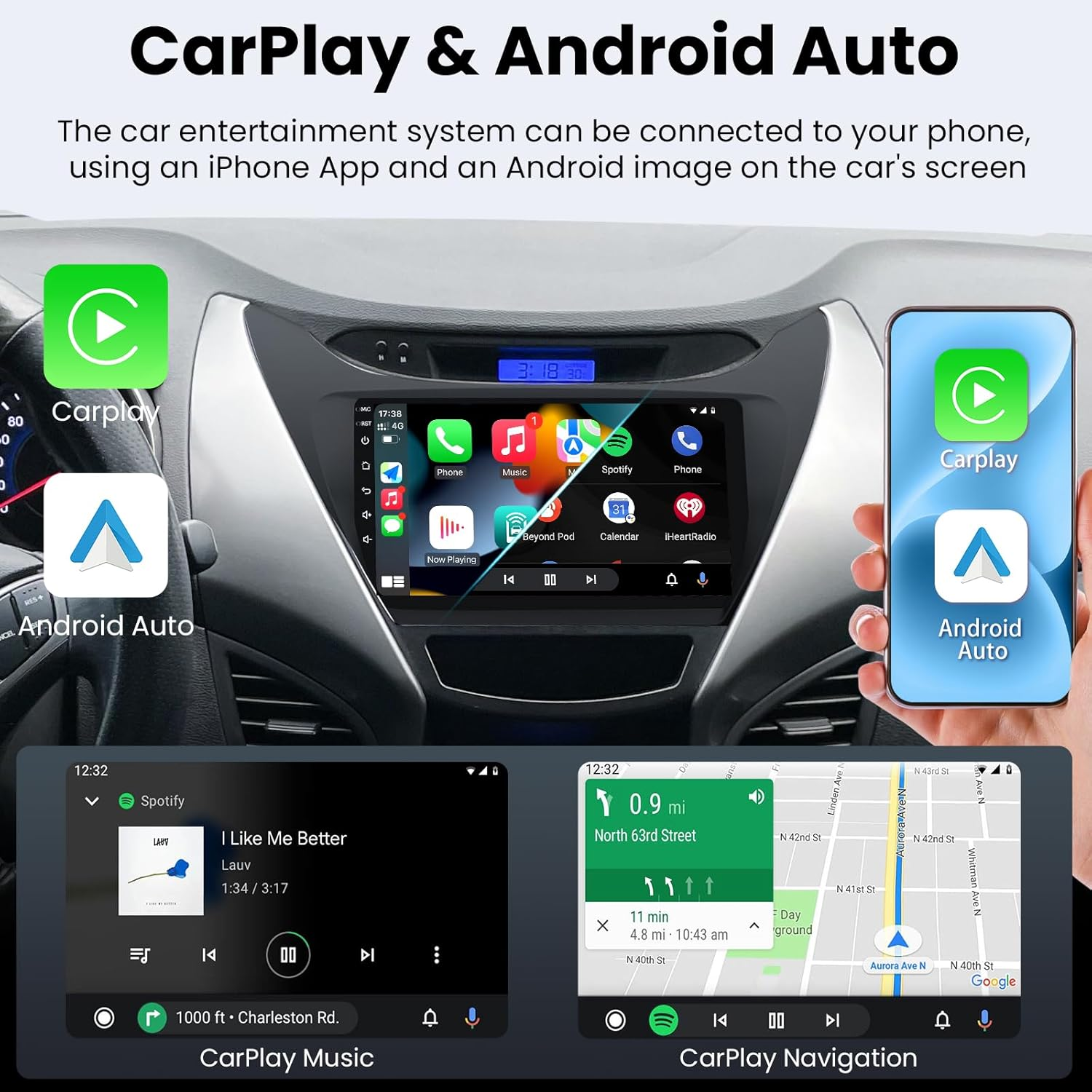 4Core+64Gb ROM Car Radio Stereo for Hyundai Elantra 2011-2013: 5Gwifi 9 Inch 1280 * 800P IPS Touchscreen for Elantra Radio Upgrade with Wireless Carplay/Android Auto Bluetooth Backup Camera GPS FM image number 5