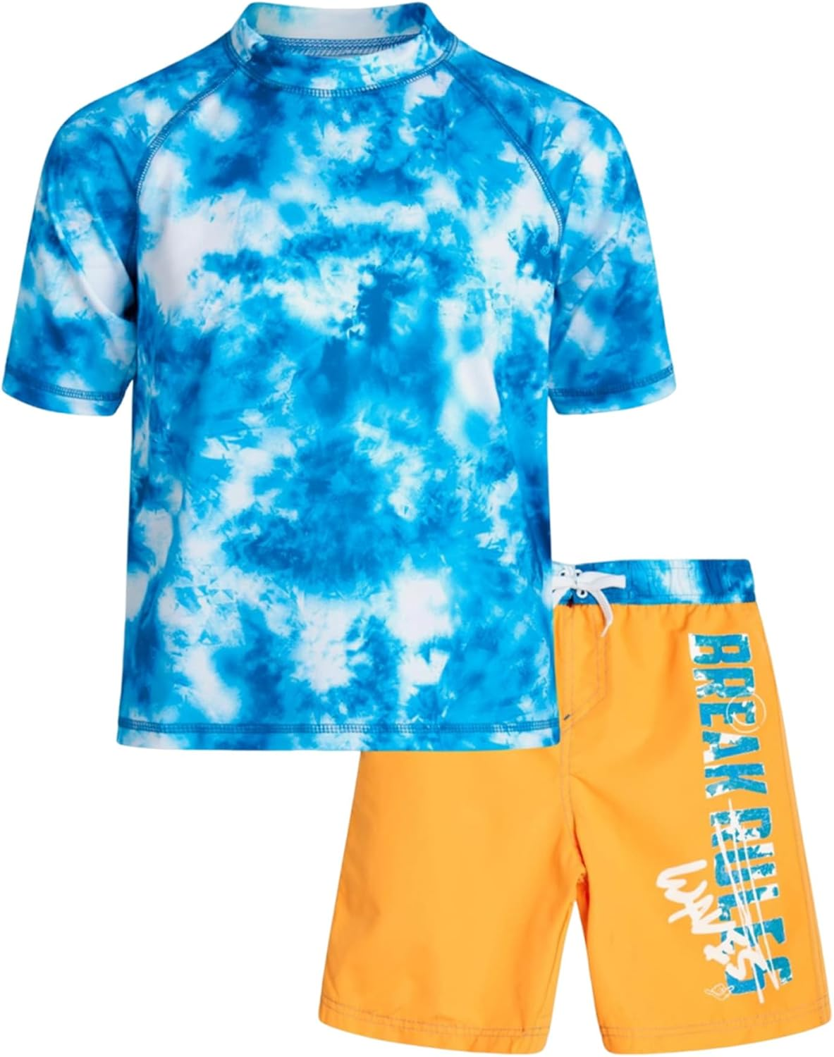 OXUBOAO Boys' Two-Piece Swimsuit Kids Rash Guard Set Blue Short Sleeve Swim Shirt with Orange Shorts Surfing Set image number 2