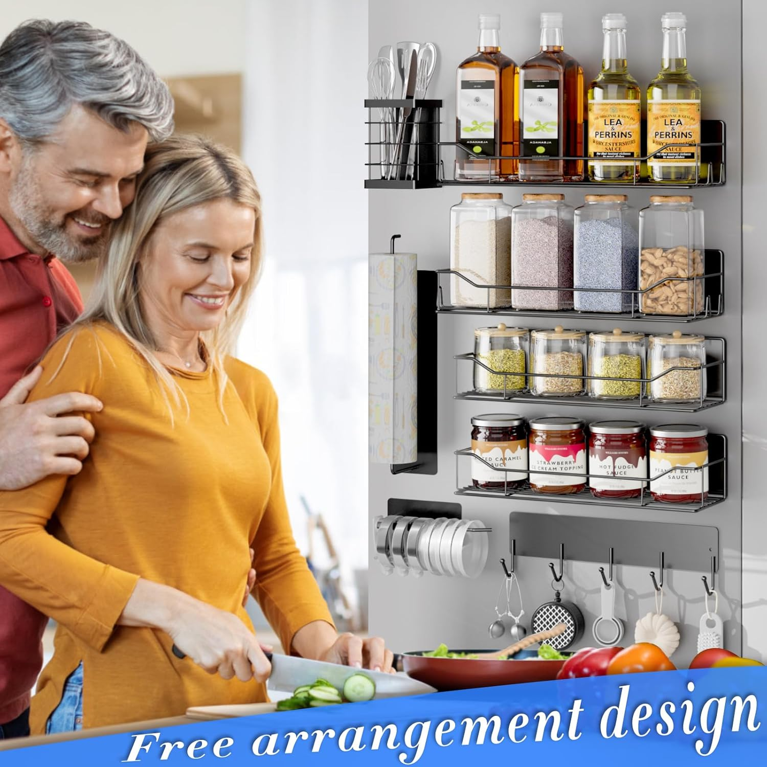 Magnetic Spice Rack, 100% Metal Strong Magnet Shelf for Refrigerator, Space Saving Spice Organizer, Home Kitchen Laundry Room Storage Organization W/Paper Towel Holder, Utensils Racks (8 Pack) image number 5