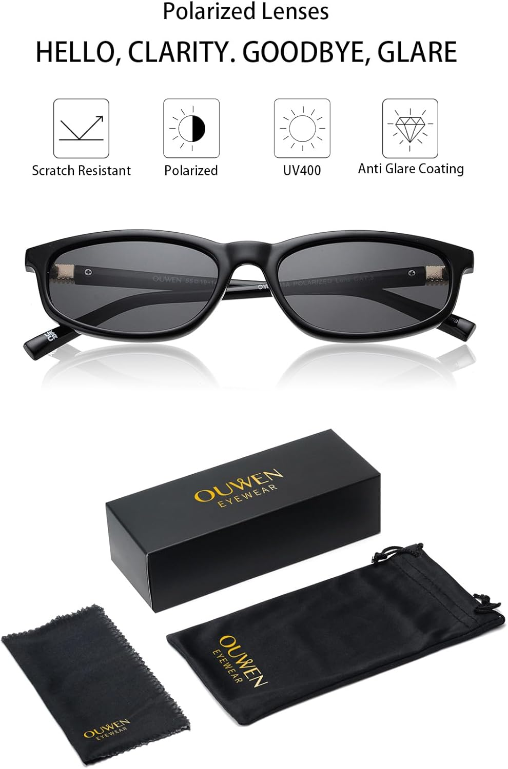 OUWEN Trendy Rectangle Polarized Sunglasses Womens Mens, Retro Designer Small Sun Glasses OW2501 - Black image number 2