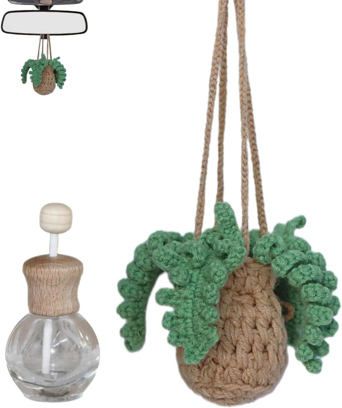Crochet Car Air Freshener,Empty Refillable Car Oil Diffuser Bottle with Cute Crochet Plants Car Mirror Decor Hanging,Car Accessories for Women,Rear View Pendant, Crochet Accessories Car Decor image number 6