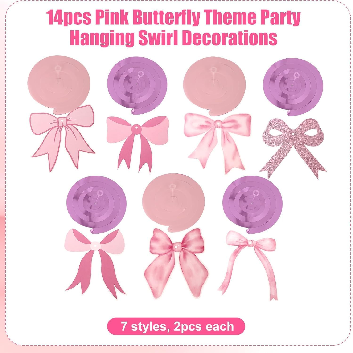 Pink Bow Party Decorations Garland Banner Hanging Swirls Set, 14 Piece Pink Bow Birthday Banner Party Hanging Swirls Set image number 2