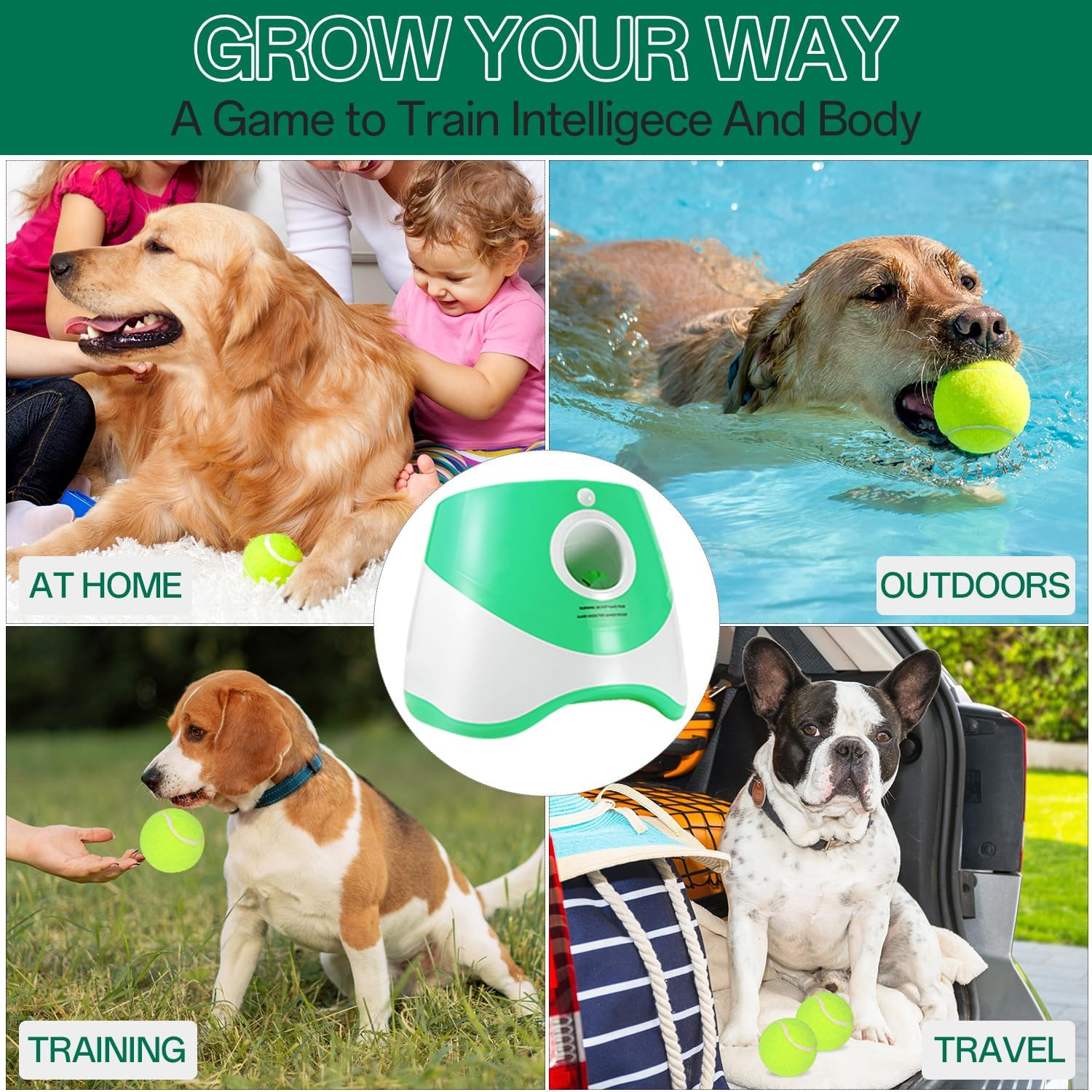 Automatic Dog Ball Launcher - Fetch Machine for Small Dogs, 3 Launch Distances, 12 Balls, Rechargeable (Green) image number 6