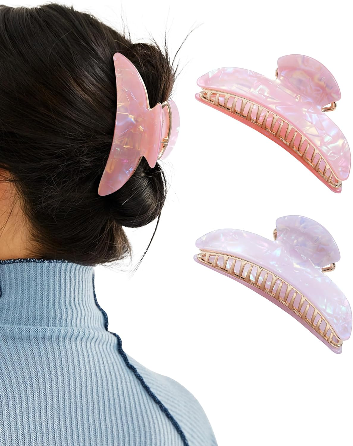 Kajeer Pack of 2 Hair Clips, Acrylic Metal Hair Clip for Women, Firm Hold Non-Slip Hair Clip, Crescent Moon Shape Hair Clips for Fine & Thick Hair (Iridescent Purple & Pearl Pink) image number 2