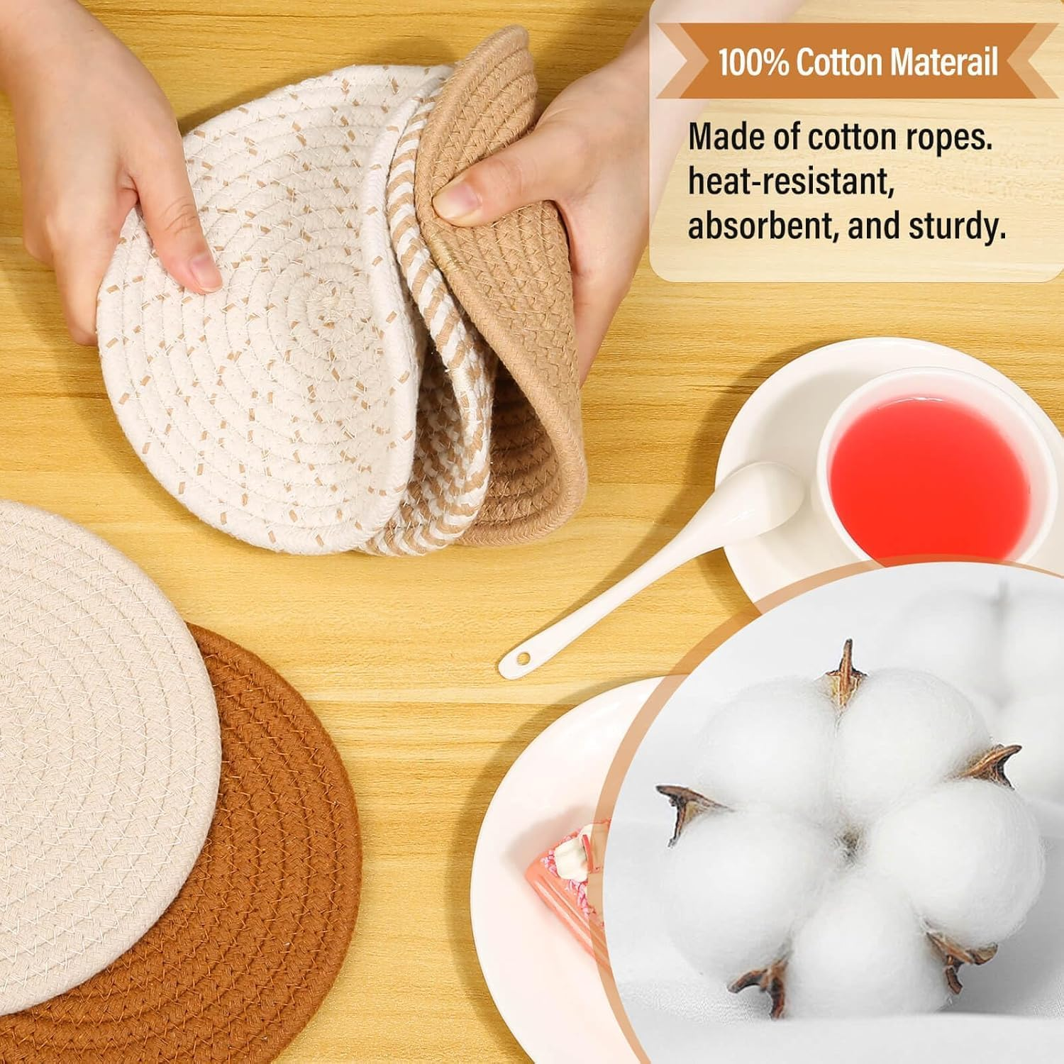 Weave Coaster Trivet Mats Set for Hot Dishes, 5 Heat Resistant Pot Holders for Kitchen, Home Essentials, anti Stain Hot Pads for Hot Pots and Pans, Fall Decorations for Home, 7 Inches