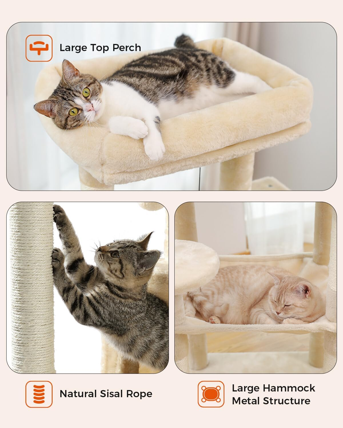 PAWZ Road Cat Tree 143Cm Cat Scratching Post Multi-Level Play Tower with a Large Hammock and Top Perch Home Pet Furniture Beige image number 5