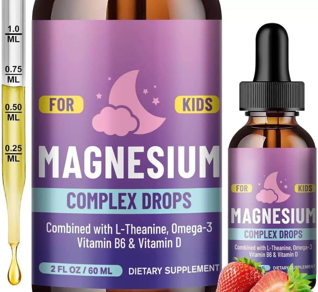 Kids Magnesium Glycinate Liquid Drops with L-Theanine, Omega-3, Vitamin B6 & Vitamin D3, Strawberry Flavour Calm & Wellness Support, Easy Dropper Liquid Supplement for Children, 60 Ml (2 Fl Oz)